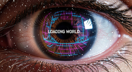 Virtual reality eye with loading world effect offers immersion in digital experience. Human eye in virtual reality world symbolizes modern technology and connectivity.