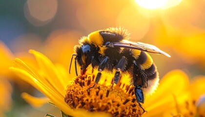 Fuzzy bumblebee extracting nectar from a bright yellow flower against a bokeh-lit sunny background, close-up