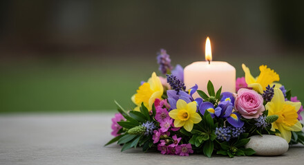 Suicide Loss Day is commemorated with a candle amid colorful flowers, placed on surface for remembrance. Suicide Loss Day symbolizes support and commemoration, with gentle hues for hope,