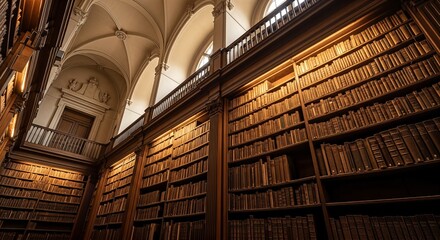 Grand historic library interior with towering wooden bookshelves filled with ancient books and vaulted ceilings.