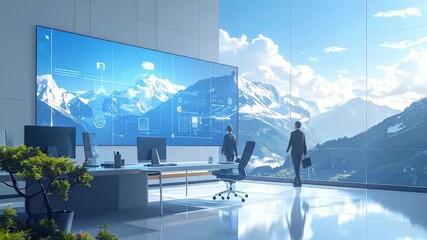 Modern office with stunning mountain view and digital interface presentation - Powered by Adobe