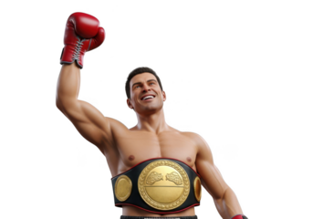 Boxing champion celebrates victory with championship belt raised arm isolated on transparent background