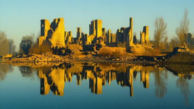 Ancient stone ruins along a river at sunset, glowing orange with a clear reflection in the water.