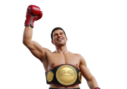 Boxing champion celebrates victory with championship belt raised arm isolated on transparent background - Powered by Adobe