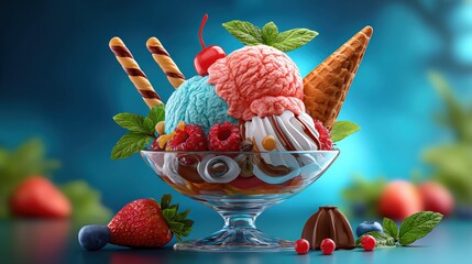 A colorful ice cream sundae topped with fruits, syrup, and mint leaves.