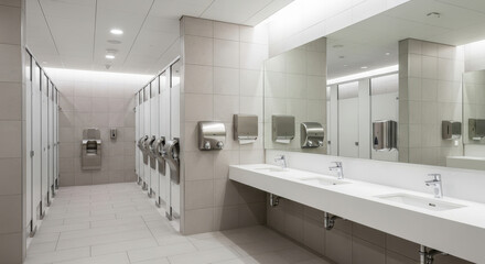 Modern public restroom interior with stalls mirrors and stainless steel fixtures