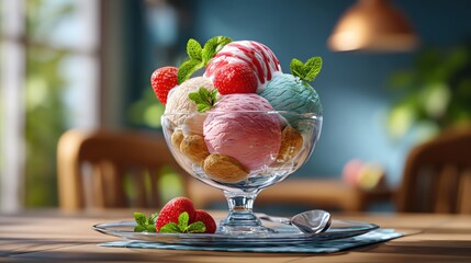 A colorful ice cream sundae with fresh strawberries and mint leaves in a glass bowl.