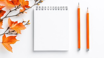 A flat lay composition featuring a blank spiral-bound notebook, two orange pencils, and a branch with vibrant orange autumn leaves, set against a clean white ba