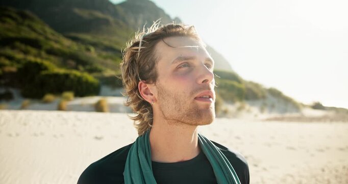 Fitness, rest and man at beach with water bottle, hydration and break in training routine. Refresh, exercise and athlete outdoor with sport flask, h20 liquid and health detox in workout recovery.