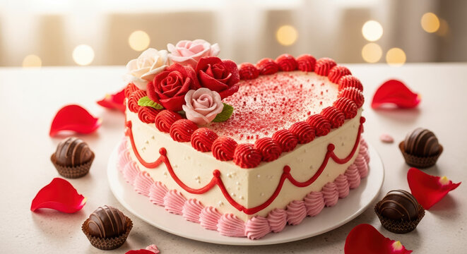 Heart shaped cake decorated with roses and chocolates for Saint Valentine's Day occasion. Heart shaped cake preparation for romantic celebration includes red, pink, and white frosting roses,