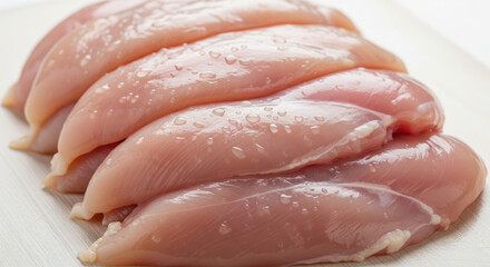 Raw chicken breast fillets arranged on white plate prepared for cooking ingredients