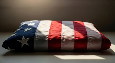 American flag folded displayed indoors with patriotic symbolism against backdrop