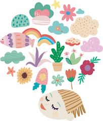 Collage Style Head Icon Dreaming of Abstract Fish, Rainbow, and Potted Cactus, Creative Fantasy Vector Illustration for Idea Generation