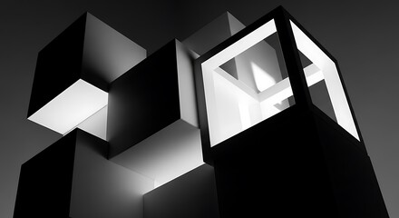 Monochromatic Geometric Abstraction: Illuminated Cubes and Intersecting Shadows in a Dynamic 3D Composition