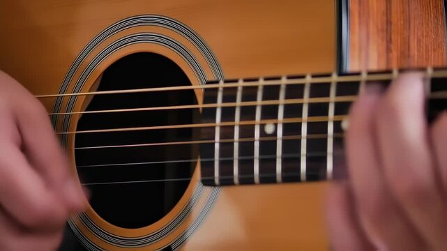 Close-up of an acoustic instrument with strings and fretboard, hands playing, wood grain visible