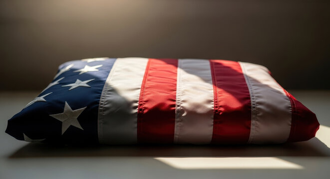 American flag folded displayed indoors with patriotic symbolism against backdrop