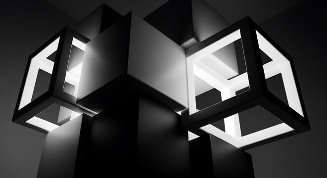 Striking Monochrome Geometric Abstraction: Interlocking Cubes with Bright Internal Illumination and Dynamic Shadows