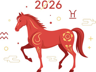 Chinese new year Red horse with floral  swirl designs set with 2026 above  zodiac symbols around