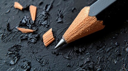 A close-up macro shot of a sharpened black pencil with wood shavings scattered on a textured dark surface. The lighting creates a dramatic mood.