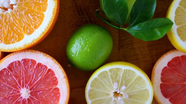 Top-down shot of sliced citrus fruits and a few leaves on a rustic wooden surface