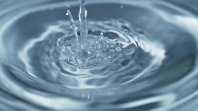 Macro shot of water droplet forming ripples. Focus on droplet and concentric waves on water's surface