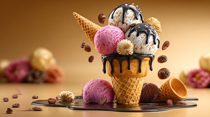 Delicious ice cream cone with colorful scoops and chocolate drizzle on a golden backdrop.