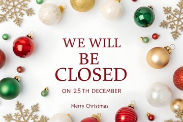 We Will Be Closed Christmas Sign, Closed on 25th December Ornament Notice, Christmas Baubles Holiday Closure Graphic, Merry Christmas Closed Announcement Template, Elegant Christmas Closed Poster