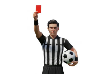 Soccer referee holding red card and ball, signaling expulsion, isolated, 3d render isolated on transparent background