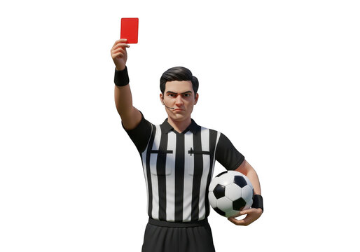 Soccer referee holding red card and ball, signaling expulsion, isolated, 3d render isolated on transparent background