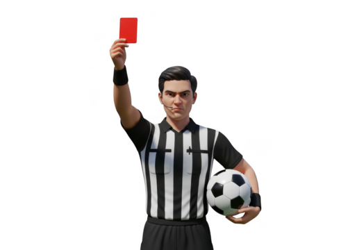 Soccer referee holding red card and ball, signaling expulsion, isolated, 3d render isolated on transparent background