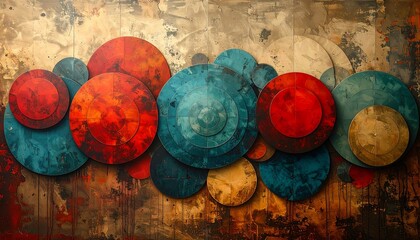 Abstract textured background featuring overlapping colorful circles, with distressed and splattered paint effects