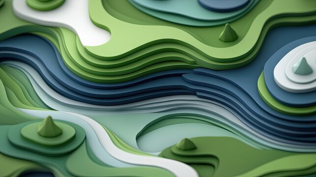 An abstract, layered landscape with undulating green and blue shapes resembling topography, with soft lighting.