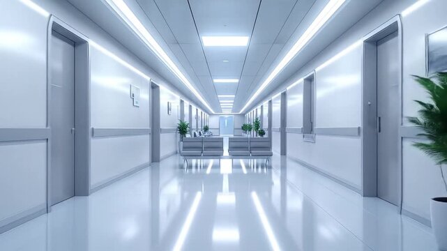 Modern Hospital Corridor with Elevators, Seating, and Clean, Bright Interior Design