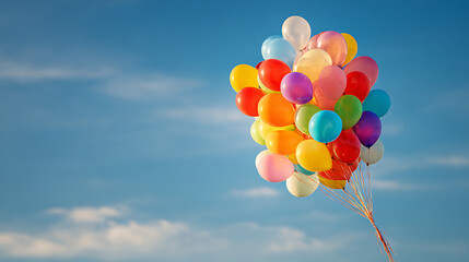 A cluster of multicolored balloons floating against a clear blue sky (1)