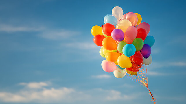 A cluster of multicolored balloons floating against a clear blue sky (1)