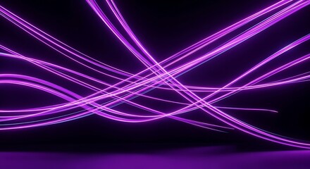 Abstract Dynamic Purple Light Trails Waving on Dark Background with Glowing Reflections; Futuristic Neon Streaks of Violet Energy Flowing Across a ...