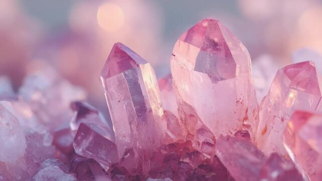 pink rose quartz crystal cluster with pointed tips and a soft glow