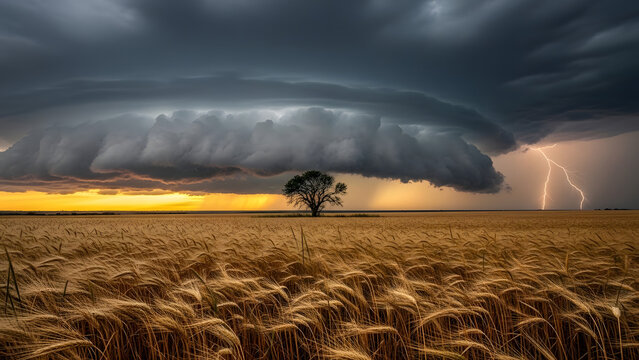 Dramatic summer sunset over a green wheat field landscape with a solitary man walking under a stormy blue sky