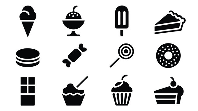 Set of dessert icons black glyph vector design perfect for menu design app interface and sweet treat promotions