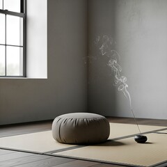 Minimalist Meditation Space with Zafu Cushion and Incense Smoke.