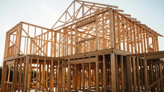 Wooden framework under construction: A close-up shot captures the architectural framework of a new house, constructed from wooden beams. It shows the early stage of a building project under clear sky.