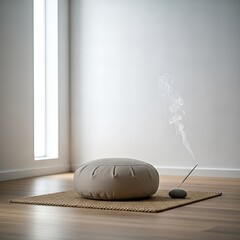 Minimalist Meditation Space with Zafu Cushion and Incense.
