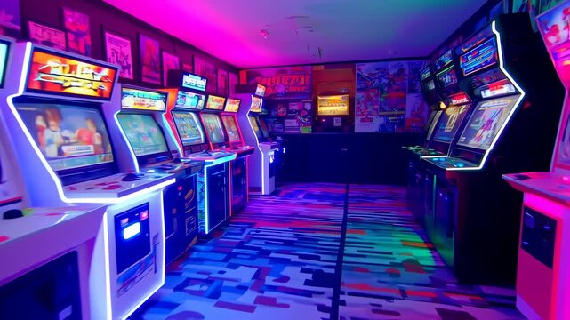 A vibrant, retro arcade with glowing gaming machines and neon lighting. Posters adorn walls, and the floor is a colorful abstract