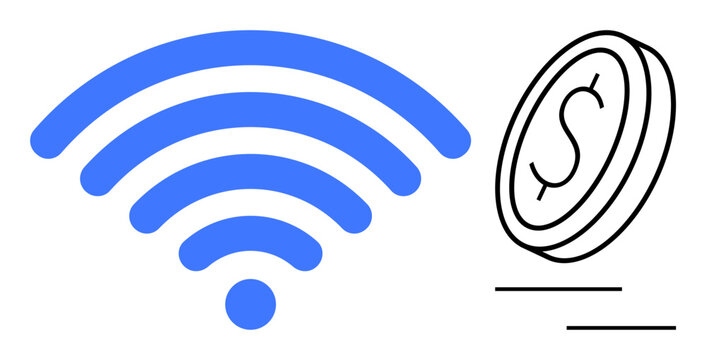 Blue wireless signal symbol beside a coin with a dollar sign, representing digital payment and internet connectivity. Ideal for technology, finance, communication, e-commerce, innovation, modern