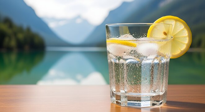 Refreshing sparkling lemon water on wooden table with scenic mountain lake background - Powered by Adobe