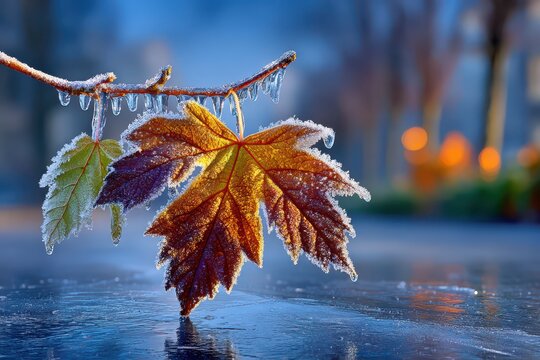 Striking autumn maple leaves coated in sparkling frost and delicate icicles.