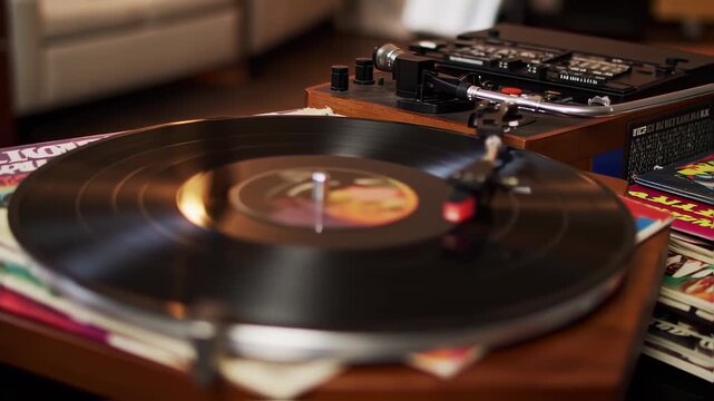 Close up of a vinyl record on a turntable with stack of albums nearby, warm lighting