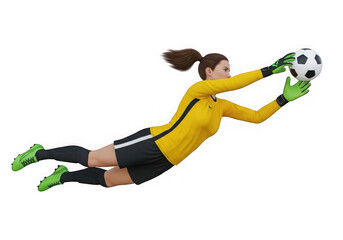 Female soccer goalkeeper in yellow uniform diving to catch ball isolated isolated on transparent background