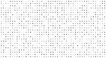 Dotted halftone gradient pattern texture. Black random polka dots seamless background. Mixed small and big circles. Smooth gradation grain. Ink splashes. Abstract vector illustration