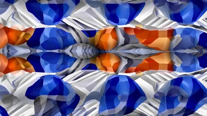 Abstract, geometric artwork, with a symmetrical pattern and color gradients of blue, orange, white